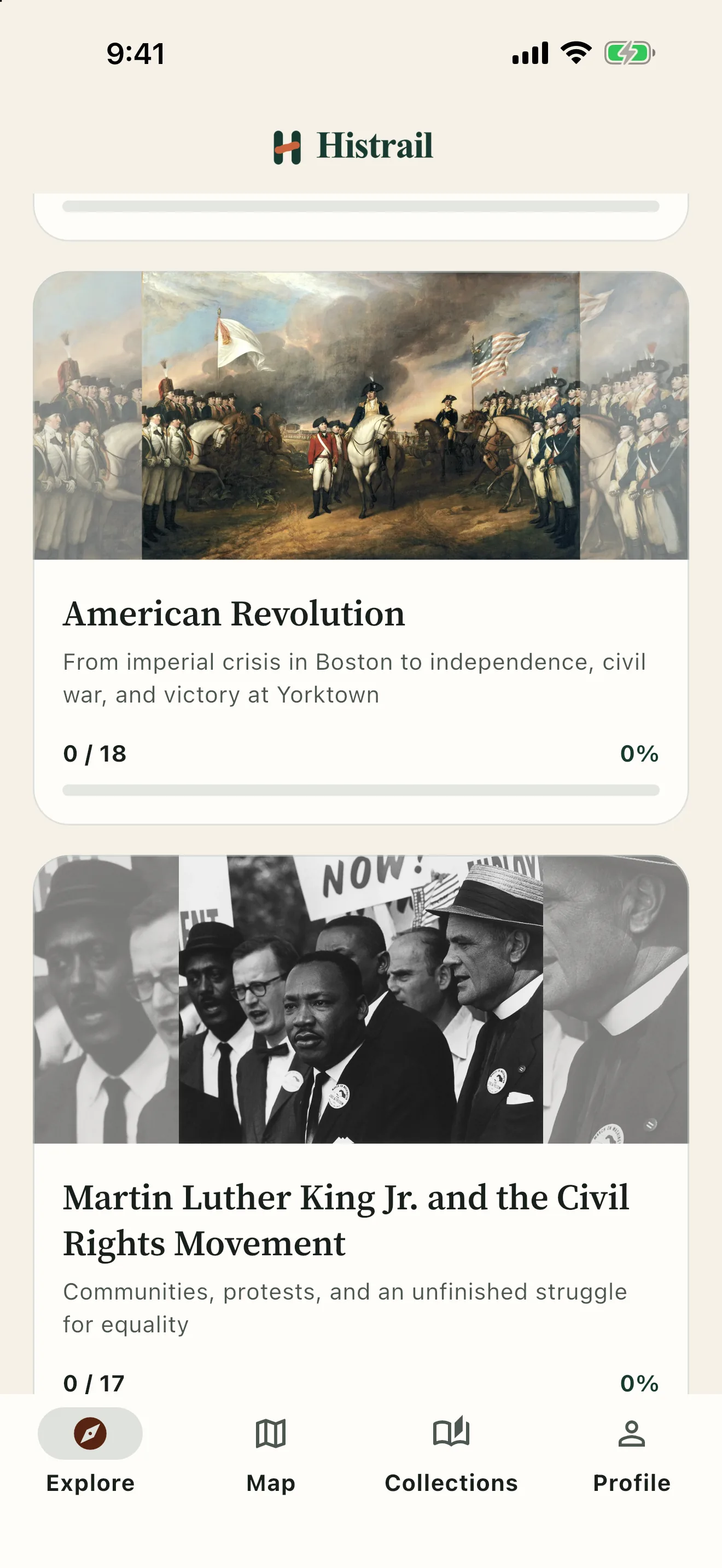 Histrail app screen: thematic collections
