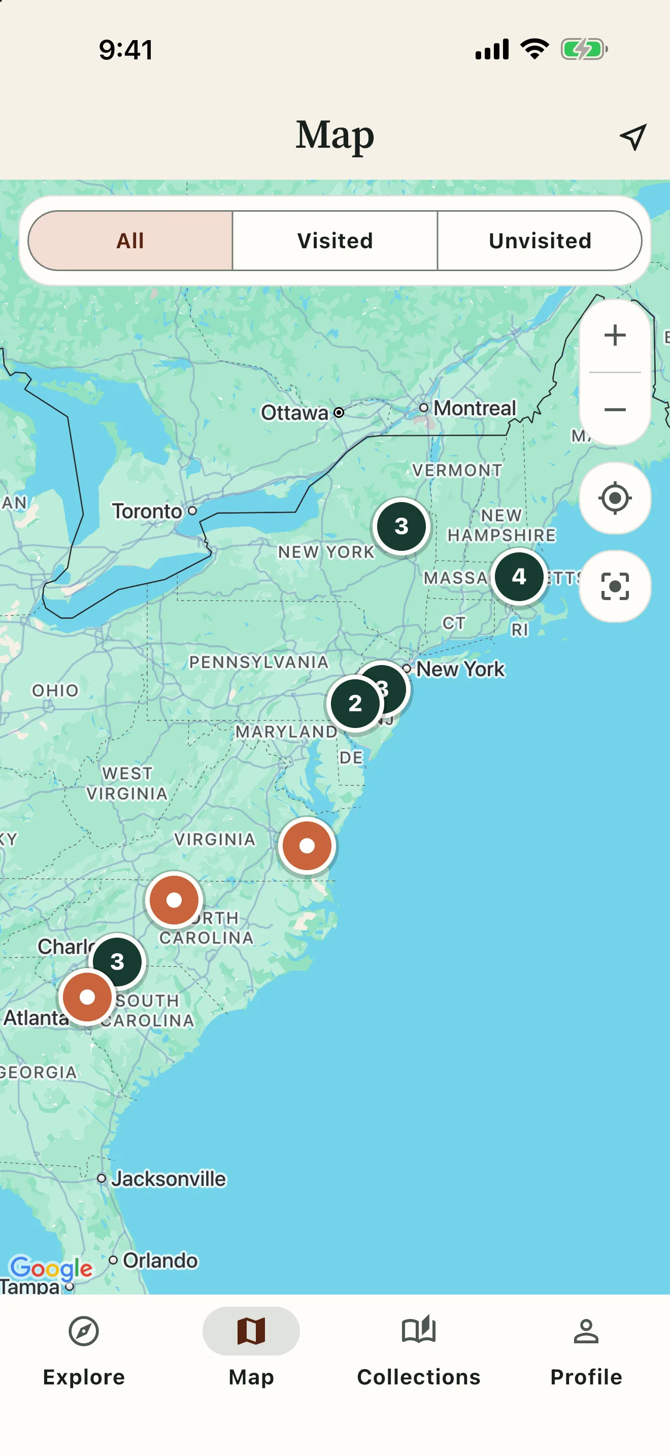 Histrail app screen: map of historical places