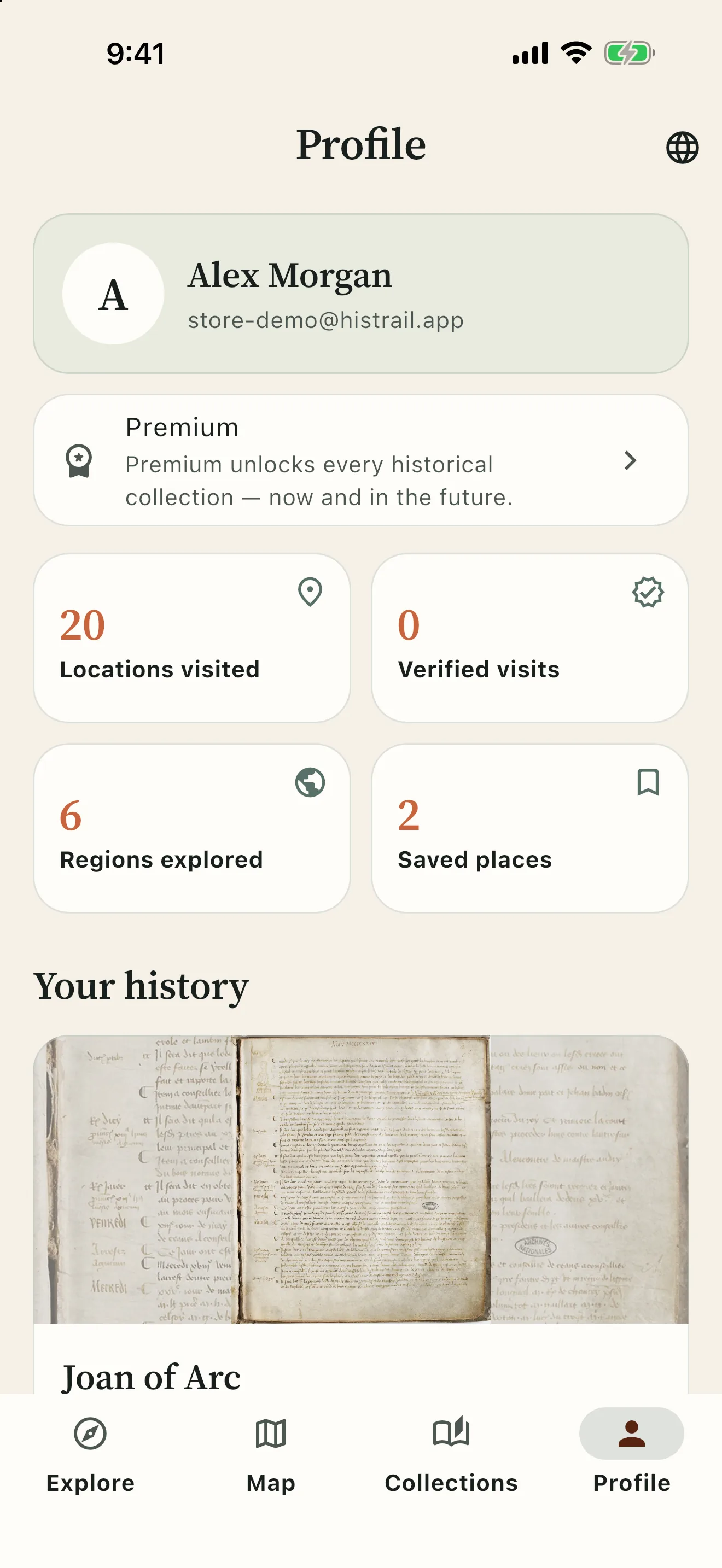 Histrail app screen: personal historical travel record