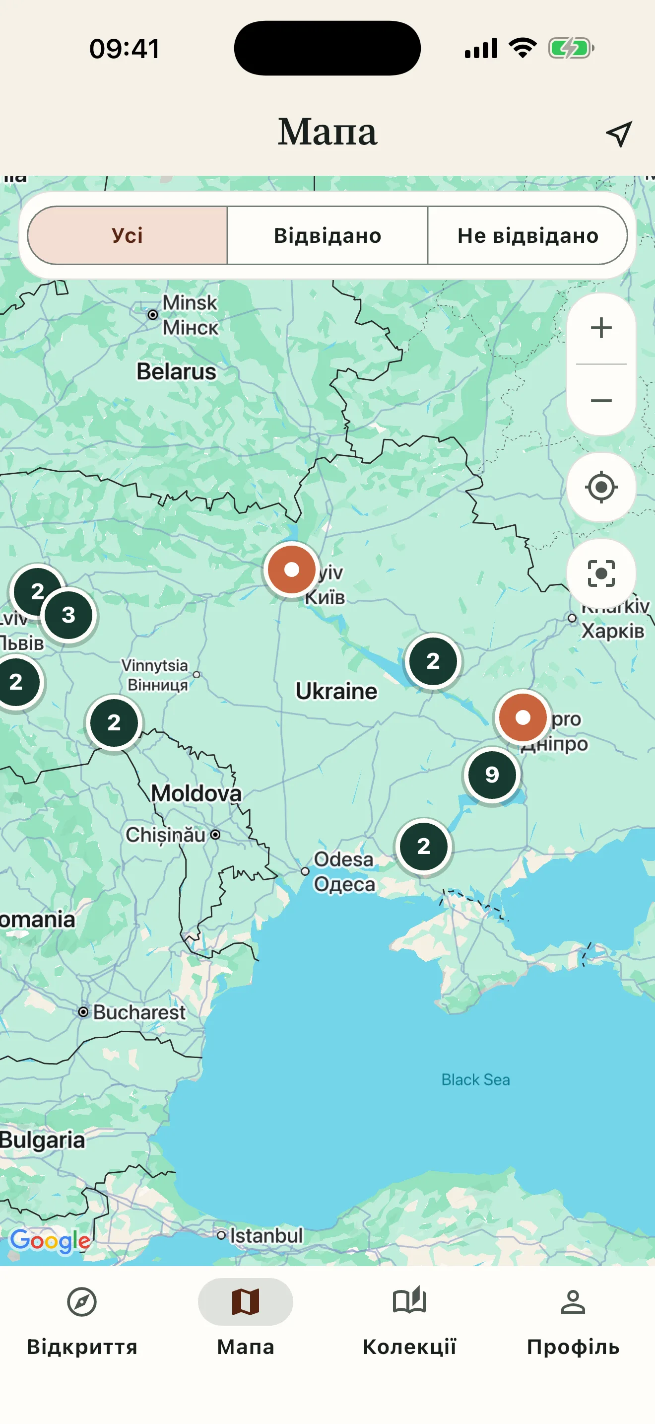 Екран застосунку Histrail: мапа історичних місць
